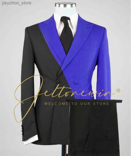 2022 Mode Double boutonnage Slim Fit Noir Bleu Royal Hommes Costume Formel 2 Pièces Sur Mesure Hommes Costume Pour Le Marié De Mariage Tuxedo Q230829