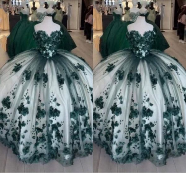 2022 Mode Vert Émeraude Fleurs Quinceanera Robes Hors Épaule Tulle Robe De Bal Floral Applique Corset Top Sweet 16 Robe