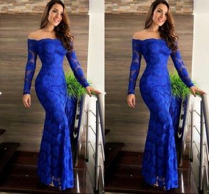 2022 Mode Royal Blue Prom Robes De Soirée Manches Longues Hors Épaule Floral Fleur Dentelle Trompette Sirène Robe Formelle Parti Robe De novia