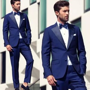 2022 Mode Slim Fit Bleu Marié Tuxedos Hommes Costumes De Mariage Parti Porter De Bal Ensemble Deux Pièces (Veste + Pantalon) Marié Tenue De Soirée Hommes Costume D'affaires