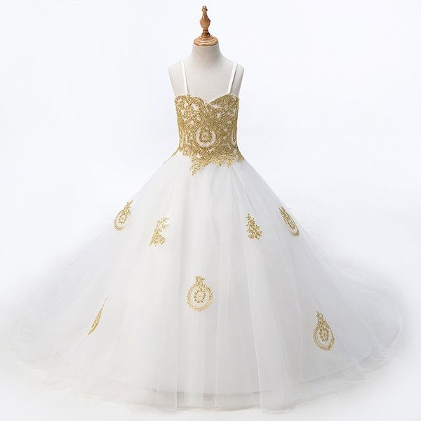 2022 Mode Blanc Avec Or Dentelle Fleur Filles Robes Princesse Designer Pour Mariage Enfants Filles Tulle Ruché Avec Bretelles Spaghetti321n