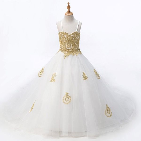 2022 Fashion White With Gold Lace Flower Girls Vestidos de princesa Diseñadora para bodas Niñas Niñas Tulle Ruchada con correas de espagueti Chea 241W