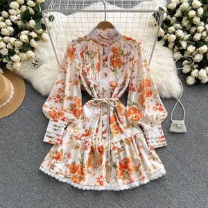 Moda mujer cuello alto estampado de flores de un solo pecho linterna manga larga con cordones cintura delgada estilo real vestido corto MLXLXXL