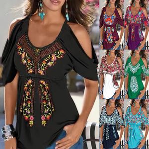 2022 Mode Dames Tops Zomer Floral Printing T-shirt Korte mouw Strappy Cold Shoulder Hollow T-shirt Camisetas de Mujer