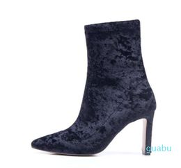 2022 mode femmes velours bottes femmes bottines dames chaussures de fête bout pointu bottes sequin chaussette bottes talon mince bleu marine