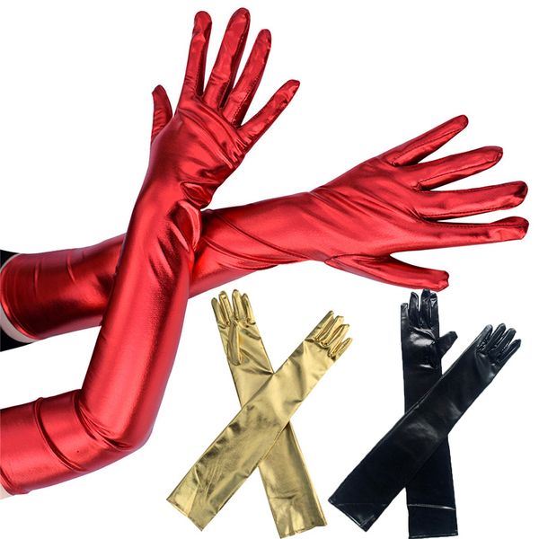 2022 Faux Long Leather Gloves Sexy Stretch Punk Rock Glove Shiny Metallic Mittens Skinny Glove Cosplay Disfraces Guantes de baile 52/42/22cm