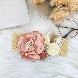 2022 Feather Flower Headband met Pearl Rijnestone Knoop Hair Bands Silk Baby Lace Hoofdbanden Hoofdkleding Kinderen Haaraccessoires