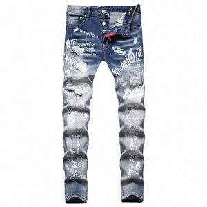 2022 Fiable Ripped Jeans Pantalon crayon extensible imprimé numérique Moyen Hip Hop Casual Denim Street Vêtements V3iI #