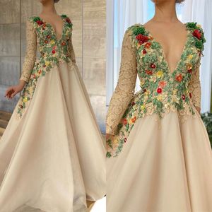 2022 Floral Prom Jurken V-hals Lange Mouw Kant Geappliceerd Bead Formele Avondjurken Groeden Beauty Pageant Jurk Custom Made Robes de Soirée