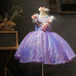 2022 Flower Girls Robes stéréo Flower Applique Dew épaule Princesse pour enfants en dentelle en tulle