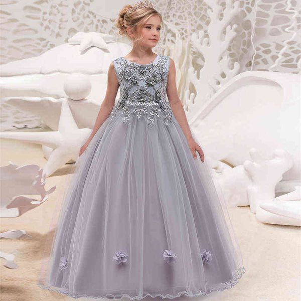 2022 Vestido de dama de dama de honor gris formal para niños vestidos para niñas para niñas elegantes vestidos de novia vestidos de novia de la noche 10 12 años y220510