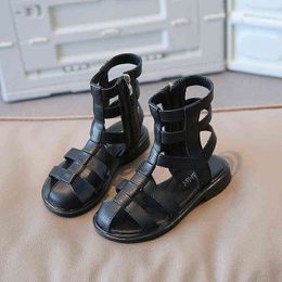 2022 Moda para niñas Botas romanas de verano Sandalias altas para niñas Sandalias de gladiador para niños Sandalias con punta abierta para niños Zapato individual para niños Negro G220523