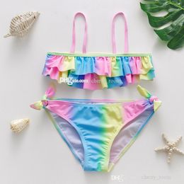 2022 Girls Princess Two-Pieces Swimsuit Fashion Kids Split Bikini Set Sweet Children Rainbow Stripes Falbala Spa Beach Swimwear S2069