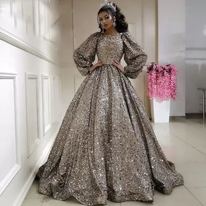 2022 Glitter Baljurk Plus Size Avondjurken met Bladerde Blader Volledige Mouw Arabische Sparkly Silver Grey Sequined Long Prom Jurken Feestjurk