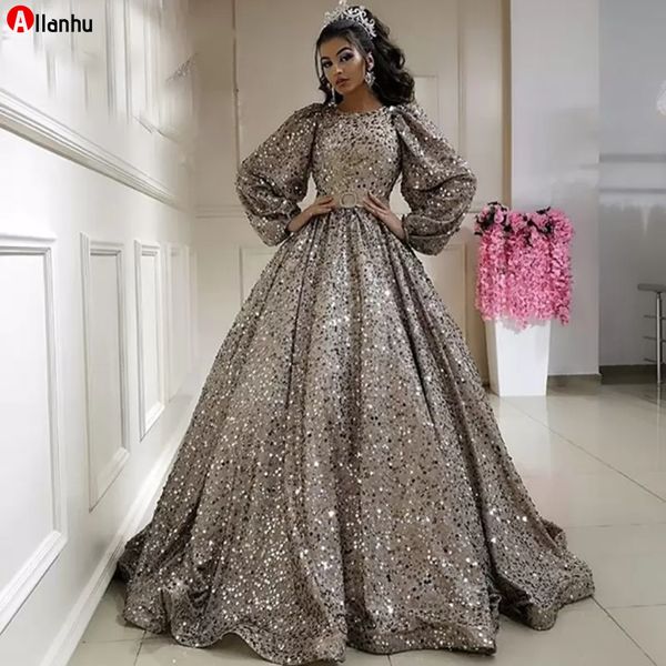 2022 Glitter Ball Gown Tallas grandes Vestidos de noche con soplo Manga completa Árabe Sparkly Silver Grey Sequined Long Prom Vestidos Vestido de fiesta WJY591