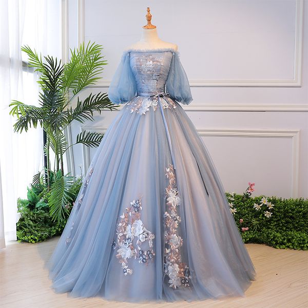 2022 Robes de soirée bleu brillantes arabe transparent longtemps dans les épaules dentelle sirène des robes de bal applique en tulle sur la jupe robes de fête formelles