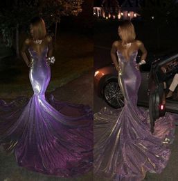 2022 Glitter Long Mermaid Black Girl Prom Dresses Off Shoulder Sweetheart Court Train Purple African Evening Formal Dress6704451