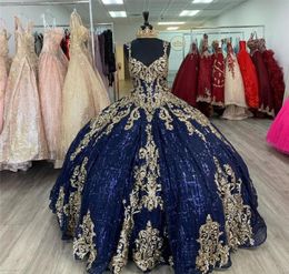 2022 Glitter Azul marino y dorado adornado Pageant Vestidos de baile Vestido de fiesta Keyhole Back Corset Blingling Quinceanera Sweet 15 Dres7096143