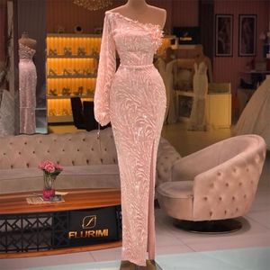 2022 Glitter Pink Prom Dresses Lace Manga larga Lentejuelas Vestidos de noche Side Split Formal Party Vestido de Novia