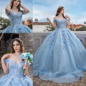 2022 Glitter Tule Quinceanera Jurken Floral 3D Bloemen Applique Crystal Beads Off The Shoulder Corset Back Sweet 16 Jurk Graduation Pageant Bowns Long Pro232