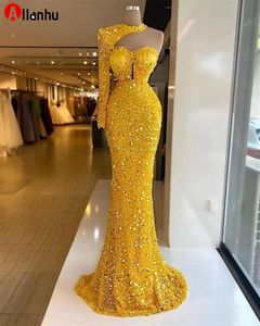 2022 Glitter Geel Prom Jurken Eén Schouder Kralen Lovertjes Formele Lange Prom Jurk 2022 Dubai Arabisch Robe de Soiree Party Avondjurken