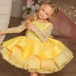 2023 Or Champagne Fleur Filles Robes Jewel Neck Manches Longues Princesse Dentelle Appliques Cristal Perles Étage Longueur Arc Tutu Enfants Fille Pageant Robe D'anniversaire Robes