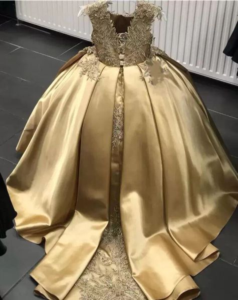 2022 Vestido de flores de cristal dorado Vestidos para desfile Vestido de fiesta con cuentas Ropa infantil para niños pequeños Vestidos de cumpleaños para niños BC14239