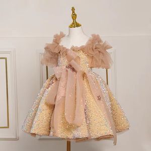 2022 Gold Flower Girl -jurken Juwelnek Ball jurk kanten appliques kralen met boogkinderen meisjes optochtjurk lovertjes verjaardagsjurk op maat gemaakt