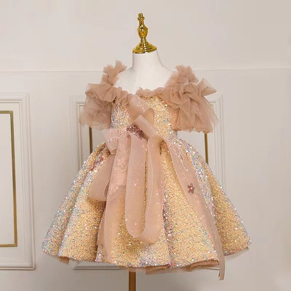 2022 robes de fille de fleur d'or bijou cou robe de bal dentelle appliques perles avec arc enfants filles robe de reconstitution historique robe d'anniversaire à paillettes sur mesure