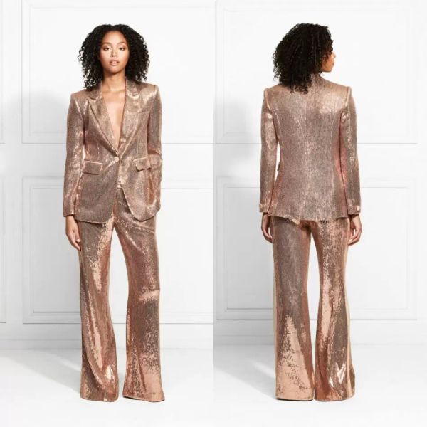 2022 Robes de soirée de paillettes d'or Pantalon costume col en V un bouton longue robe de bal sans manches longueur de plancher sur mesure costumes de fête formelle CG001