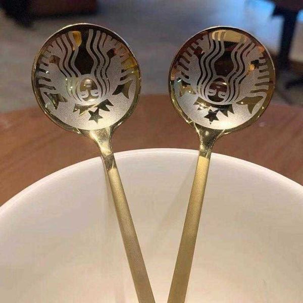 Cucharas doradas de Starbucks, mesa de acero inoxidable, café, leche, postre redondo pequeño, mezcla de té de frutas, cuchara medidora, suministro de fábrica, estilo real 2021