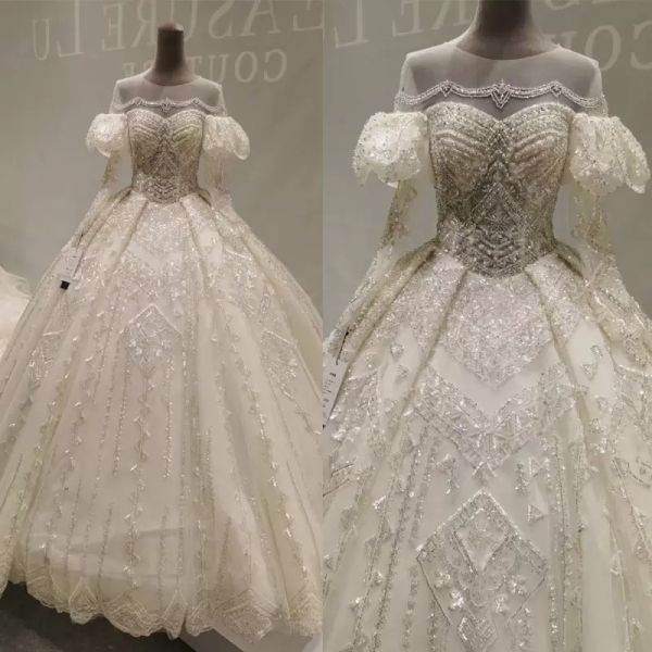 2022 magnifiques robes de mariée robe de bal robe de mariée manches longues longueur de plancher de luxe cristaux perlés broderie sur mesure robe de novia plus la taille
