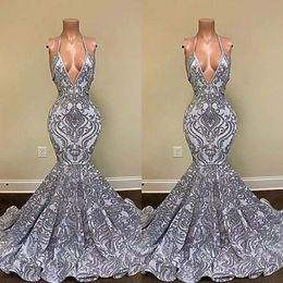 2022 prachtige zilveren zeemeermin prom-jurken spaghetti-riemen v-neck appliques kant backless avondjurken bc13118 b0417q 284W