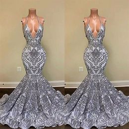 2022 Gorgeous Silver Mermaid Prom Dresses Spaghetti Straps V-cuello Apliques Lace Backless vestidos de noche BC13118 B0417Q1770