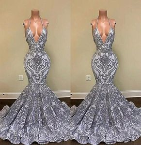 2022 Gorgeous Silver Mermaid Prom Dresses Spaghetti Beaks Vneck Appliques Lace Backless avondjurken BC13118 B0417Q3609139
