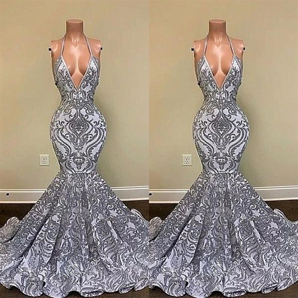 2022 magnifique argent sirène robes de bal bretelles spaghetti col en V appliques dentelle dos nu robes de soirée BC13118 B0417Q1770