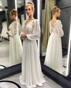 2022 robes de mariée magnifiques robe de mariée une ligne encolure dégagée en mousseline de soie manches longues étage longueur dentelle appliques sur mesure plus la taille robe de novia