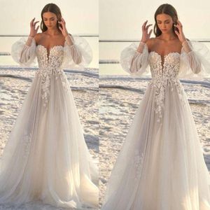 2022 Robes de mariée magnifiques manches de poète à poète robe de mariée en dentelle applique Longueur du sol de l'épaule une ligne plus taille vestido de novia personnalisée 403 403