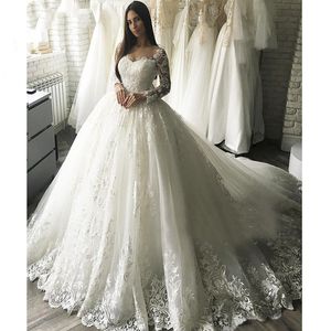 2022 magnifiques robes de mariée en dentelle à manches longues une ligne robes de mariée robe de célébrité De Noiva luxe robe de mariée ras du cou arabe Dubaï marocain caftan musulman