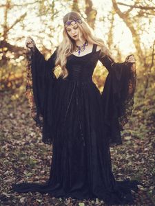 2022 Gothic Style Sleeping Beauty Black Bruidsjurken Vintage Victoriaanse Bruidsjurk Off Shoulder Long Puffy Sleeves Kant Corset Bodice Trouwjurken Plus Size