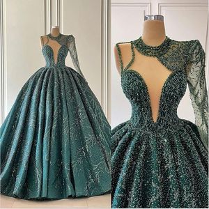 2022 Green Ballgown prom -jurken een schouder lange mouwen lange mouwen kralen ruches vloerlengte op maat gemaakte avondjurk formele ocn slijtage Vestidos 401 401