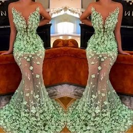 2022 Vestidos de noche verdes Apliques florales en 3D Tren de barrido de sirena Cuello escarpado Ilusión Blusa Joya con cuentas Vestido de fiesta de graduación por encargo BES121