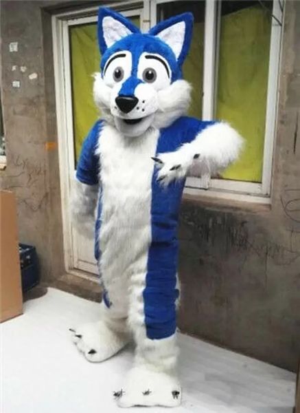 2022 Disfraz de mascota de perro Husky azul de piel larga de Halloween Personaje de tema de dibujos animados Festival de carnaval Disfraces Navidad Adultos Tamaño Fiesta de cumpleaños Traje al aire libre