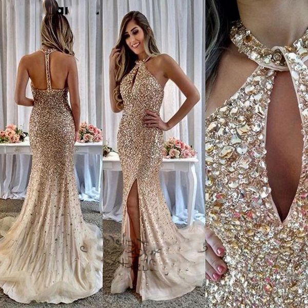 2022 Halter Rhinestones Split sirena vestidos de baile sin espalda trompeta fiesta larga vestidos de noche