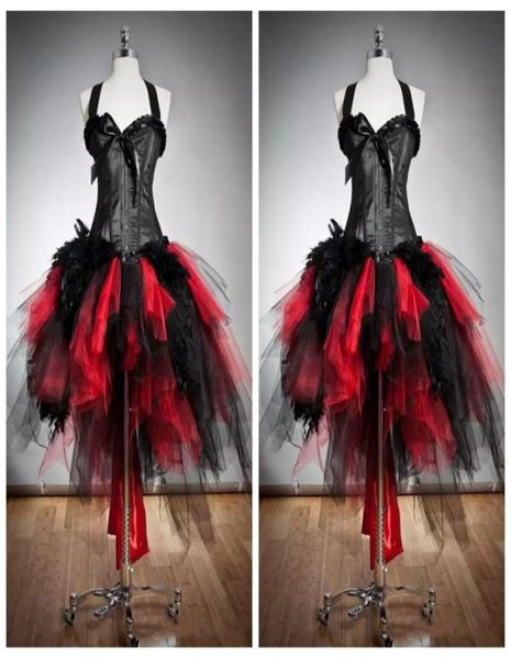 2022 Halter Slim robe de bal tulle gothique rouge et noir corset robes de bal taille personnalisée fourrure et tulle burlesque salut lo fête spéciale 6382326