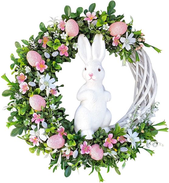 2022 Decoración feliz del conejito de Pascua Guirnalda artificial de primavera Jardín del hogar Accesorios de diseño de boda Decoración de fiesta Anillo de flores Colgante Orname