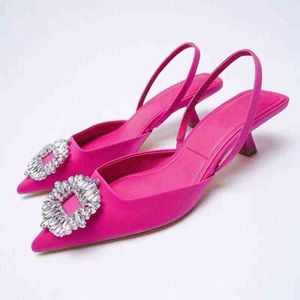 2022 chaussures à talons hauts pour femmes mode bout pointu lumière nude rose diamant chaussures à talons bas chaussures à lacets femmes taille 43 sandales G220520