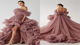 2022 High Low Prom Dress Guérison Ruffy Ruffled Tulle Off the Shoulder Formel Owriss Robes Bless sans bretelles PORME DRES7003967