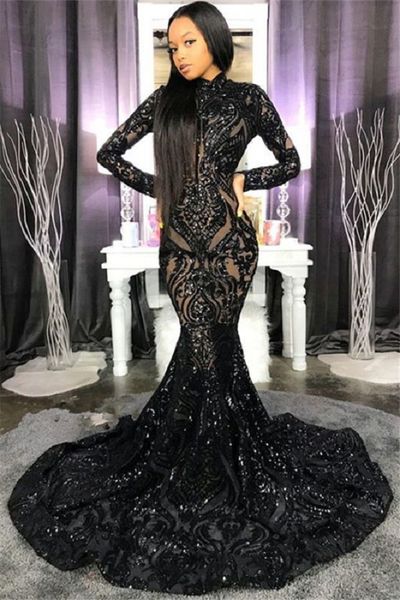 2022 Vestidos de fiesta de niña negros con apliques brillantes y cuello alto | Vestidos de noche de manga larga de sirena