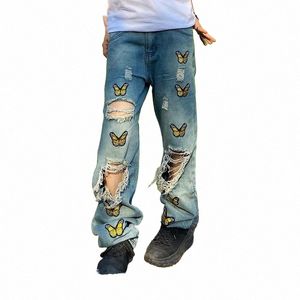 2022 High Street Butterfly Broderie Baggy Hommes Grunge Jeans Pantalon Ripped Hole Hip Hop Vintage Punk Denim Pantalon Ropa Hombre z63d #